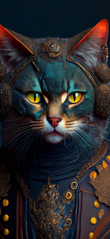 Golden-Eyed Cat In Sci-Fi Armor Phone Wallpaper