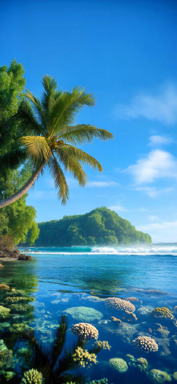 Tropical island scenery wallpaper: blue sky, palm trees, coral reef