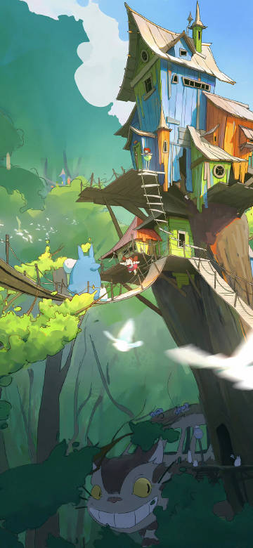 Cute Totoro And Catbus In A Treehouse 4K Wallpaper