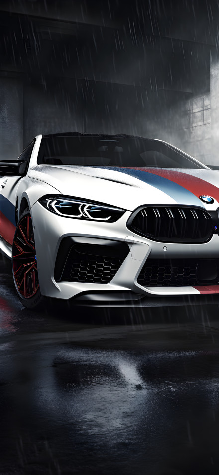 BMW M8 on a Rainy Street 4K Wallpaper