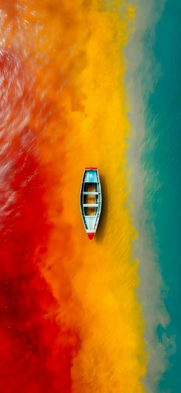 A small boat floats on the colorful water phone wallpaper