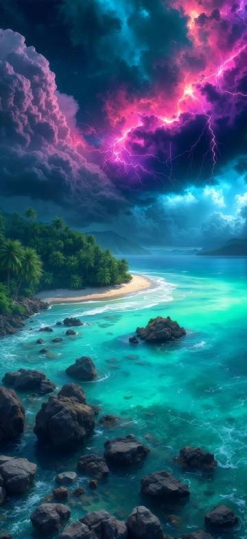 Surreal Lightning Sky and Tropical Shore Phone Wallpaper Surreal Lightning Sky and Tropical Shore Phone Wallpaper