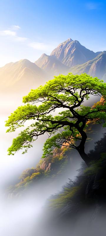 Green Tree On A Misty Mountain Cliff 4K Wallpaper