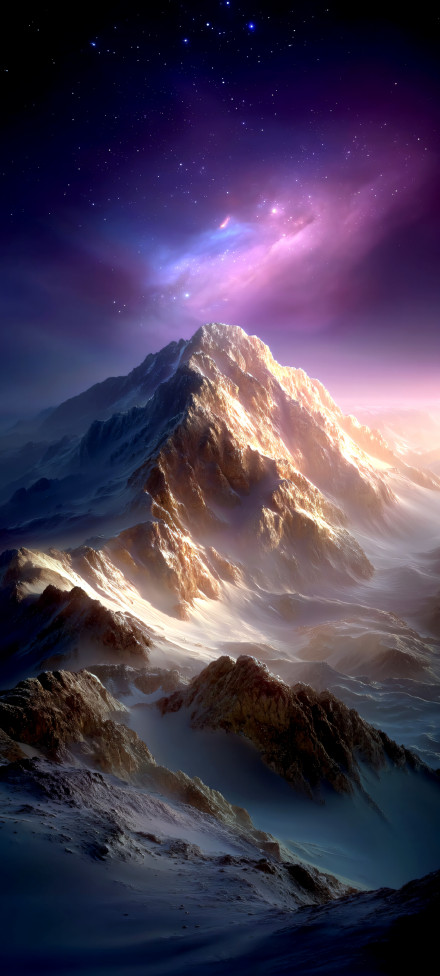 Snowy Mountain Range Under Purple Nebula 4K Wallpaper