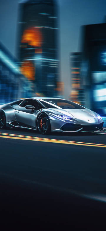 Silver sports car under city neon lights phone wallpaper
