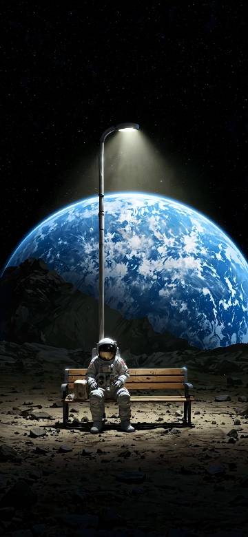 Astronaut Watching Earth Under a Streetlight 4K Wallpaper