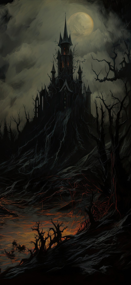 Dark Gothic Castle On A Hill Under The Moon Wallpaper 4K