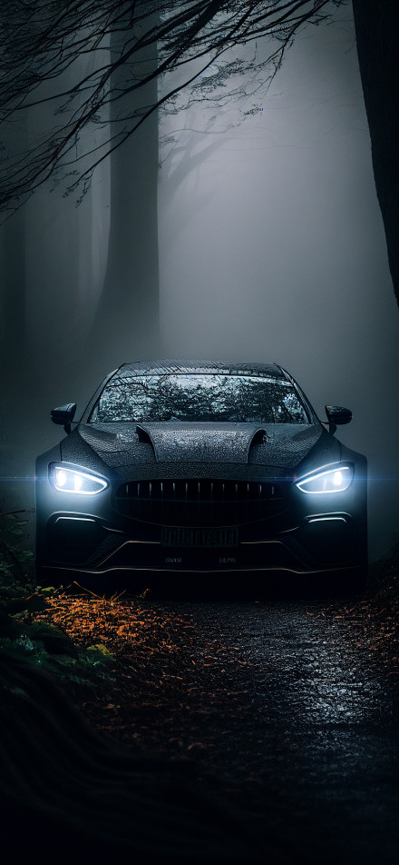 Black Aston Martin in a Foggy Forest 4K Phone Wallpaper