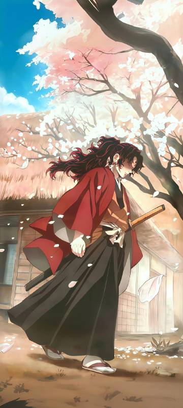 "Demon Slayer" wallpaper, samurai under the cherry blossom tree