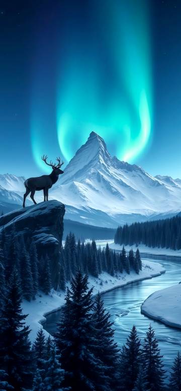 A deer stands on a snowy mountain under the magnificent aurora