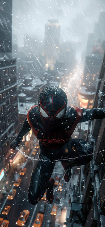 Spider-Man in Black Suit Swinging Over Snowy Streets 4K Wallpaper