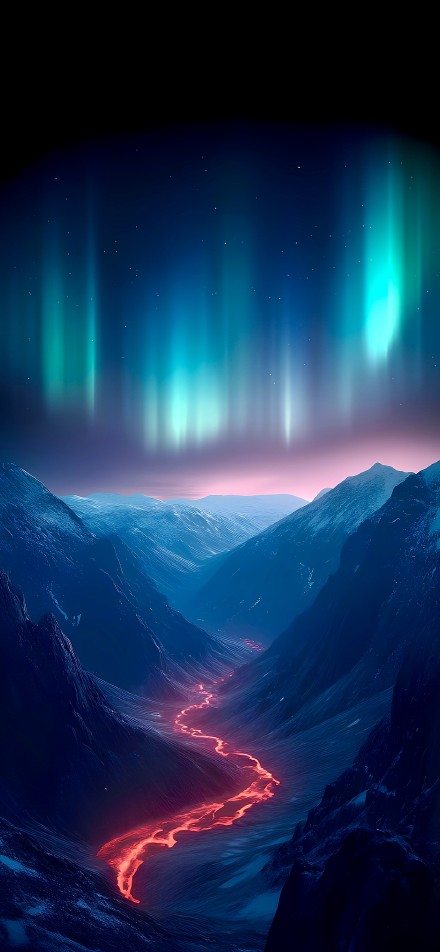 Red Lava Under the Aurora Borealis Wallpaper 4K