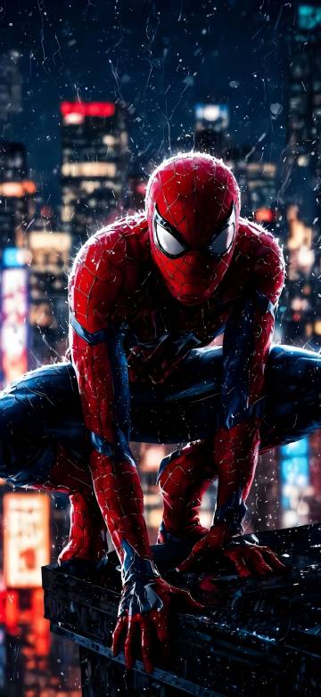 Spider-Man Crouching on a Roof in the Rain 4K Wallpaper