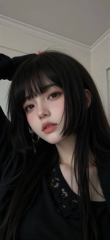 Beautiful Asian Girl With Black Bangs Portrait 4K Wallpaper