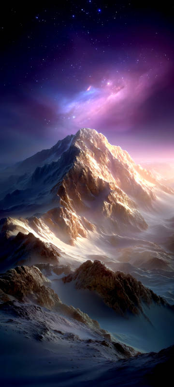 Snowy Mountain Range Under Purple Nebula 4K Wallpaper
