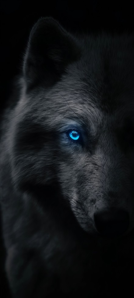 Blue-eyed wolf in darkness phone wallpaper