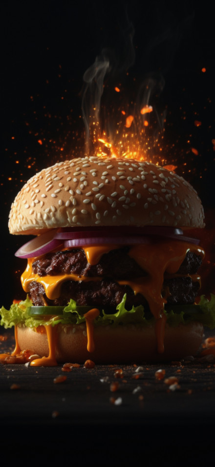 Juicy Double Cheeseburger With Sparks And Flames 4K Wallpaper