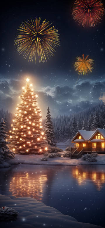 Christmas Tree with Fireworks Over Snowy Landscape 4K Wallpaper