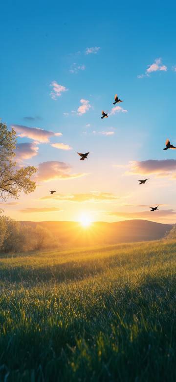 Birds fying over grassland at dusk phone wallpaper
