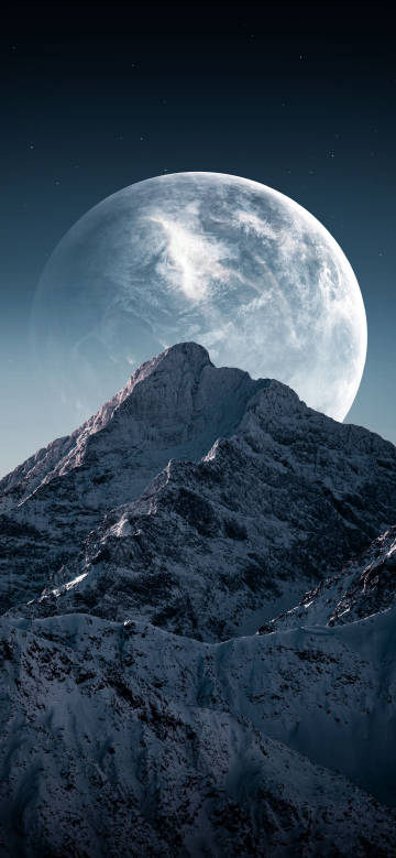 Frozen Mountain Under Giant Planet Sky 4K Phone Wallpaper