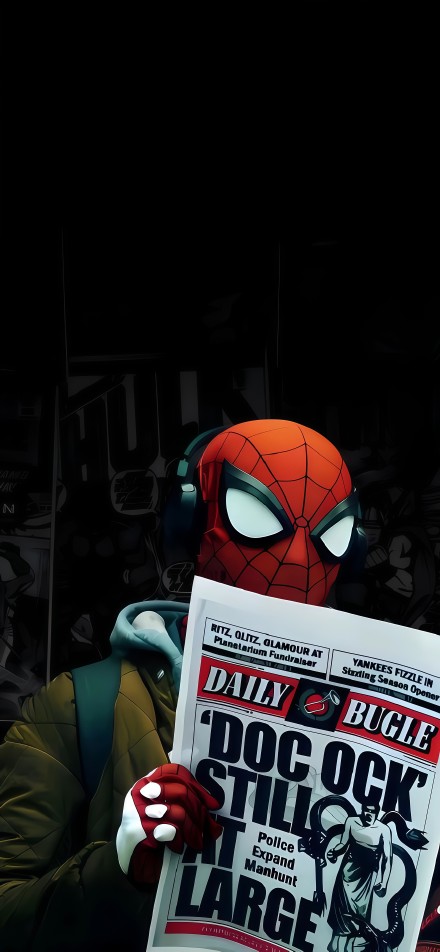 Spiderman wearing headphones and reading a newspaper phone wallpaper