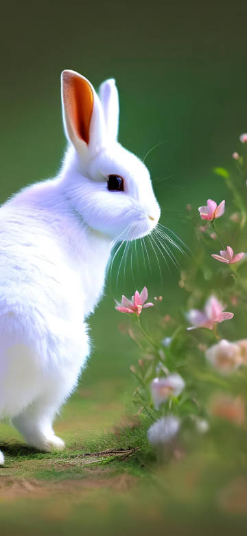 Cute white rabbit in the flowers phone wallpaper