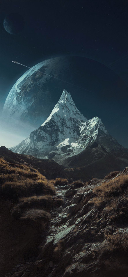 Huge planet and flying airplanes on snowy mountains phone wallpaper