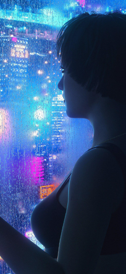 Girl peering at neon city through glass phone wallpaper