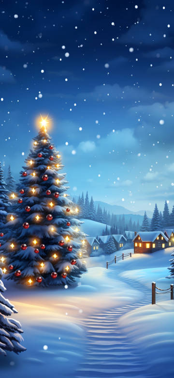 Cozy Christmas Tree in Snowy Village 4K Wallpaper