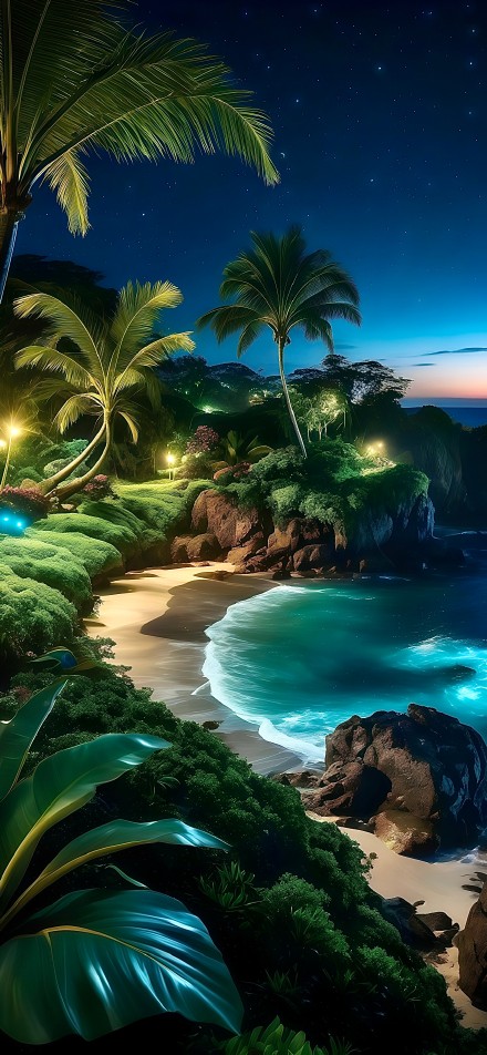 Dreamy view of the beach under the stars phone wallpaper