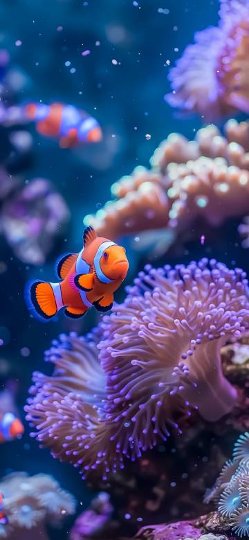Clownfish Beside Purple Sea Anemone 4K Wallpaper