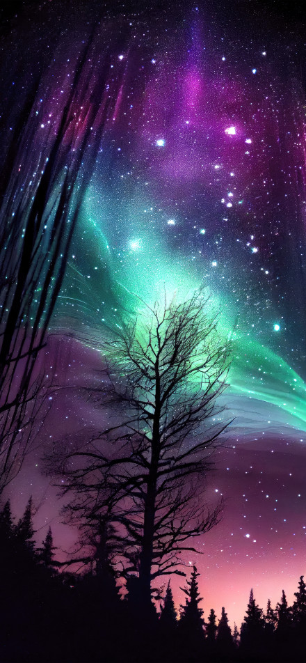Magical Aurora And Stars In A Purple Night