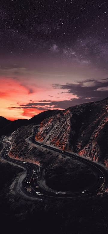 Starry sky sunset winding road phone wallpaper