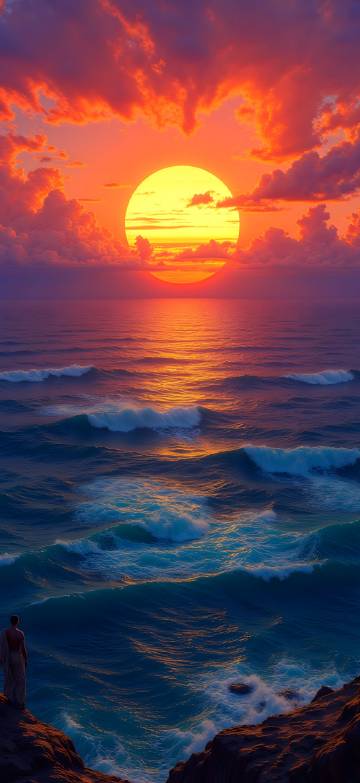 Dramatic Orange Sunset Over The Raging Sea 4K Wallpaper