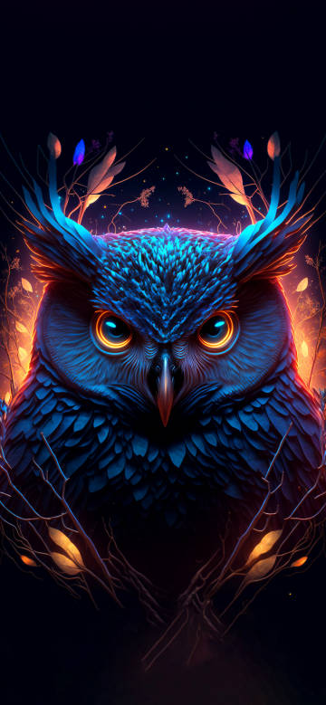 Blue Owl with Glowing Eyes in a Fantasy Forest