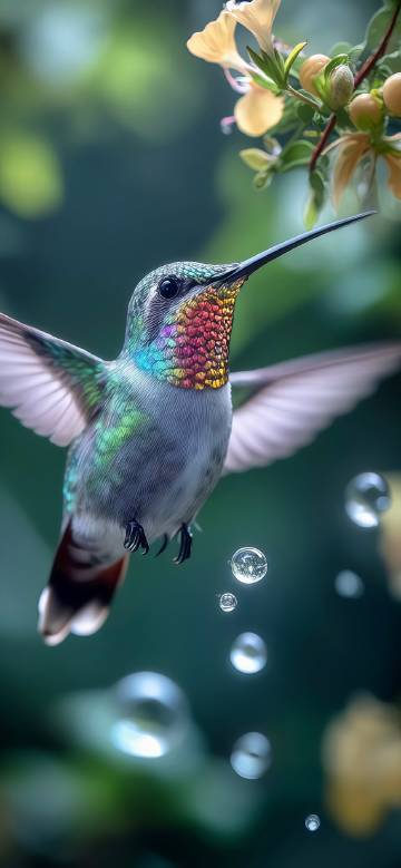 Quantum iridescent hummingbird gathering nectar