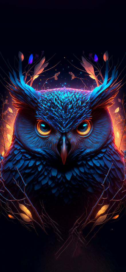 Blue Owl with Glowing Eyes in a Fantasy Forest