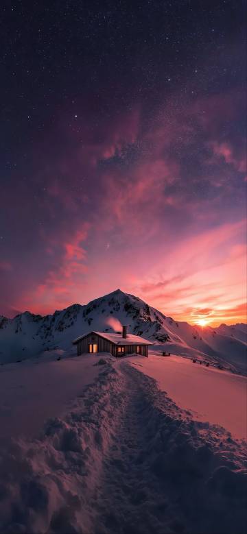 Cozy Snowy Cabin Under A Pink Starry Sky wallpaper