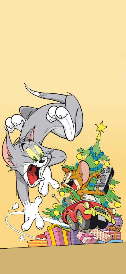 Tom Surprised by Jerry at Christmas Tree HD Wallpaper