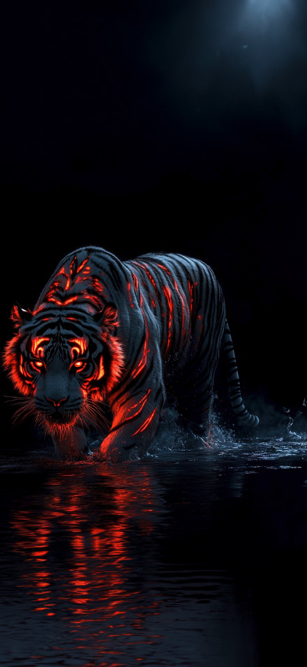 A flaming tiger walking on water in the dark
