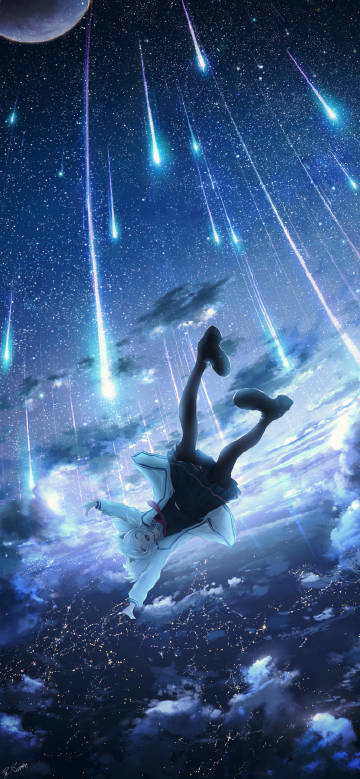 Anime girl floating in a meteor shower phone wallpaper