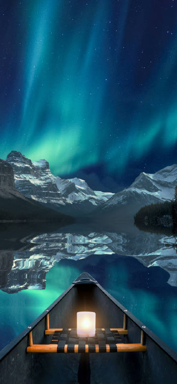 Snow mountain lake under the aurora at night phone wallpaper