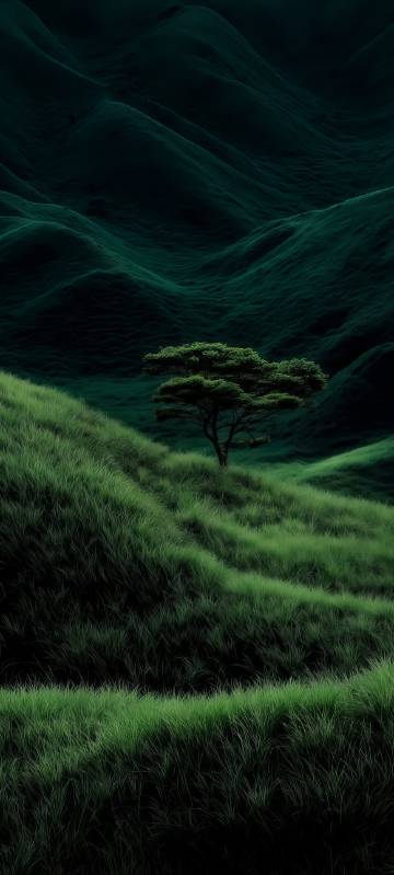 View of a tree on a green hill phone wallpaper