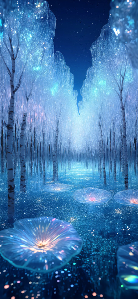 Dreamy crystal forest under the starry sky phone wallpaper