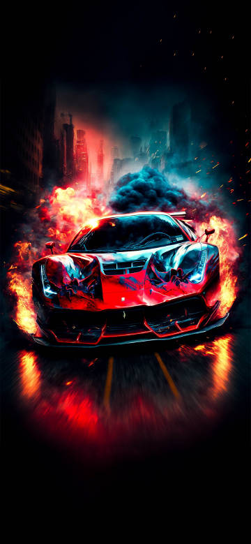 Speeding sports car in City night flames