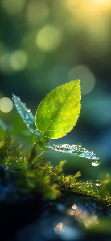 Green leaves with water drops under the sun phone wallpaper