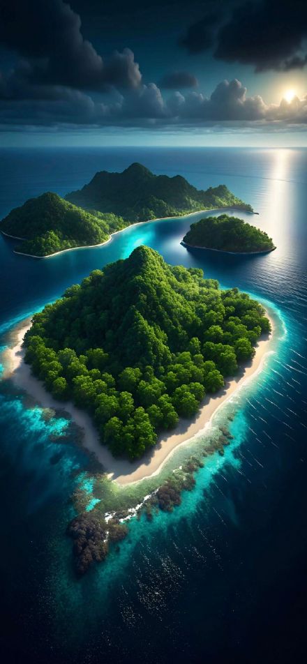 Fantasy landscape 4K wallpaper: islands, sea, clouds