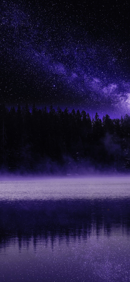 Night view of tranquil lake under purple starry sky phone wallpaper