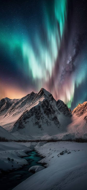 Dazzling Aurora Borealis dances in the snowy mountain night sky