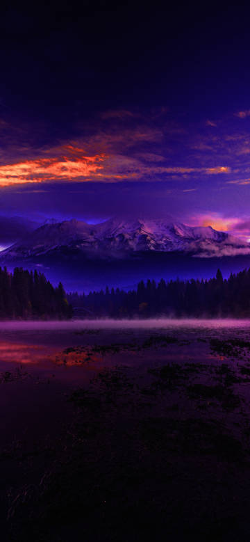 Fantasy mountain night wallpaper: purple sky, snowy mountains and lakes